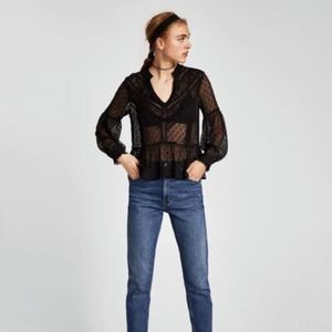 Zara Basic Women's dotted Sheer Blouse with Lace Black size Small